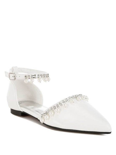 Rag Company white pearl embellished summer sandals with ankle strap and pointed toe