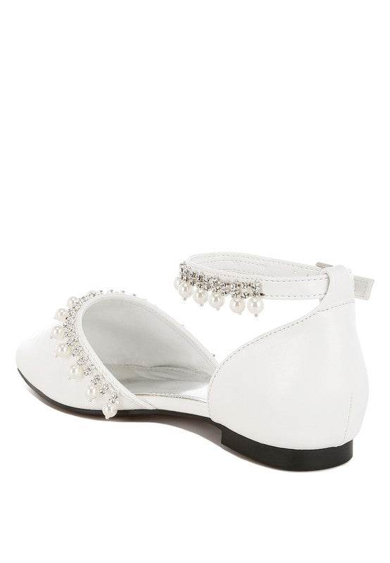 Rag Company white pearl embellished summer sandals with ankle strap and flat sole