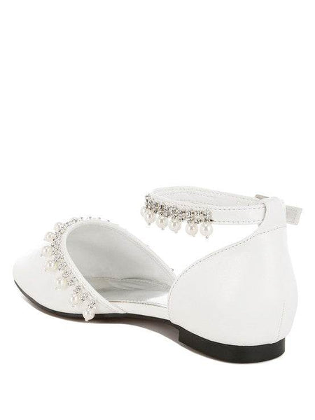 Rag Company white pearl embellished summer sandals with ankle strap and flat sole