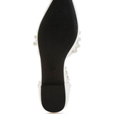 Bottom view of Rag Company pearl embellished summer sandals with a black sole and pointed toe
