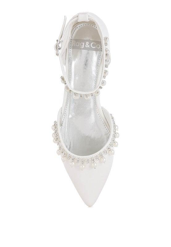 Rag Company white pearl embellished summer sandals with pointed toe and ankle strap