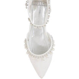 Rag Company white pearl embellished summer sandals with pointed toe and ankle strap