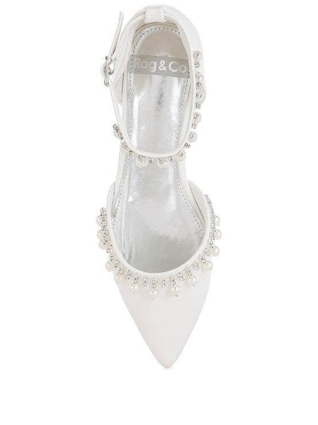 Rag Company white pearl embellished summer sandals with pointed toe and ankle strap