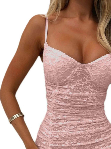 Pink lace chic bodycon mini dress for summer with spaghetti straps by Babe Beachwear