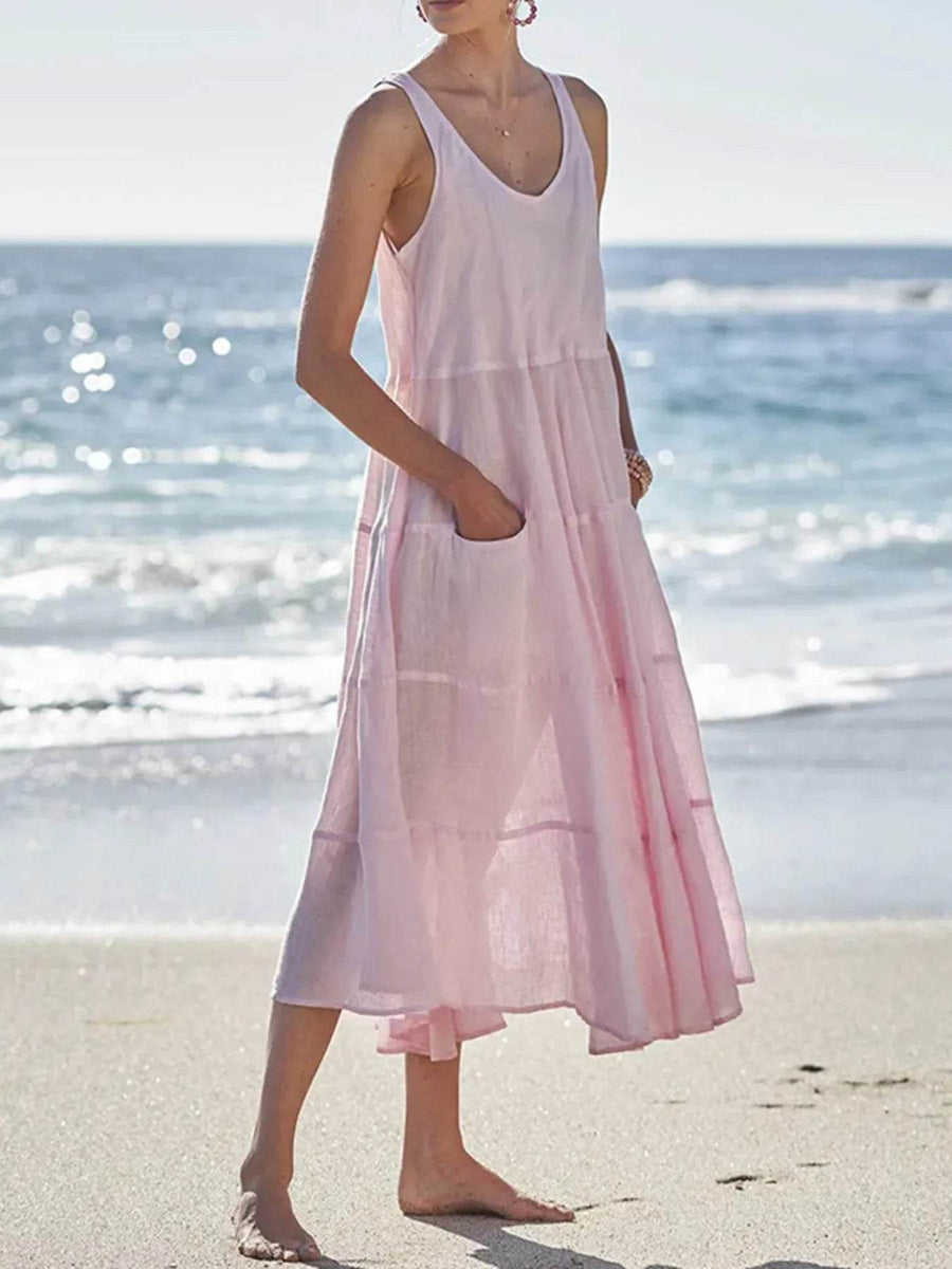 Babe Beachwear pink flowy sundress for women midi dress with pockets perfect for beach wear