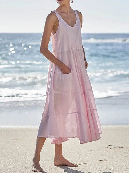 Babe Beachwear pink flowy sundress for women midi dress with pockets perfect for beach wear