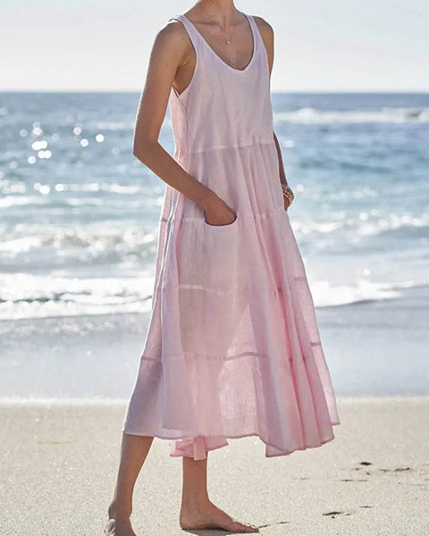 Babe Beachwear pink flowy sundress for women midi dress with pockets perfect for beach wear