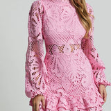 Babe Beachwear pink lace mini dress with long sleeves and ruffle hem detail