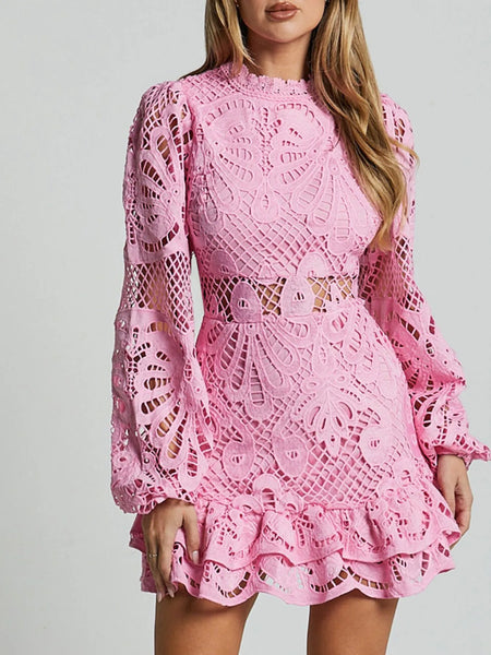 Babe Beachwear pink lace mini dress with long sleeves and ruffle hem detail