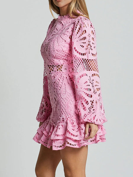 Pink lace mini dress with long sleeves and ruffled hem by Babe Beachwear