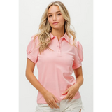 Trendsi pink puff sleeve shirt for women with button-up collar and short sleeves
