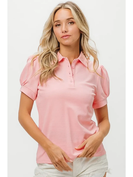Trendsi pink puff sleeve shirt for women with button-up collar and short sleeves