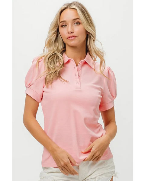 Trendsi pink puff sleeve shirt for women with button-up collar and short sleeves