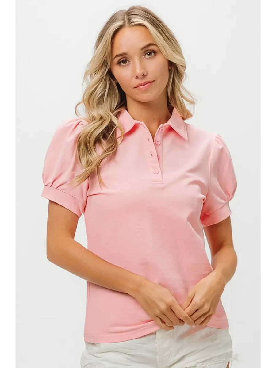 Trendsi pink puff sleeve shirt for women with short sleeves and button collar