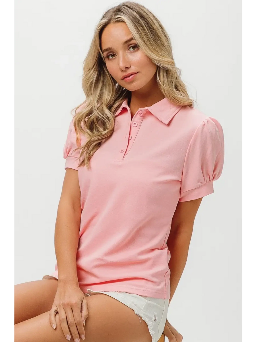 Pink puff sleeve shirt for women by Trendsi with button collar and short puff sleeves