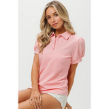 Pink puff sleeve shirt for women by Trendsi with button collar and short puff sleeves
