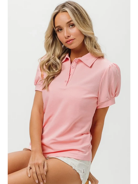 Pink puff sleeve shirt for women by Trendsi with button collar and short puff sleeves