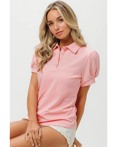 Pink puff sleeve shirt for women by Trendsi with button collar and short puff sleeves