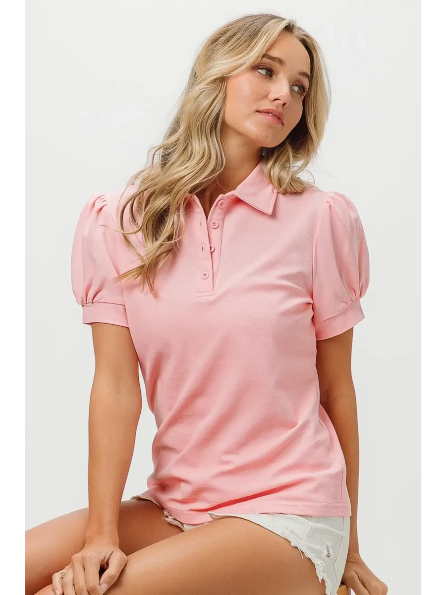 Trendsi pink puff sleeve shirt for women with collar and button detail on short sleeves