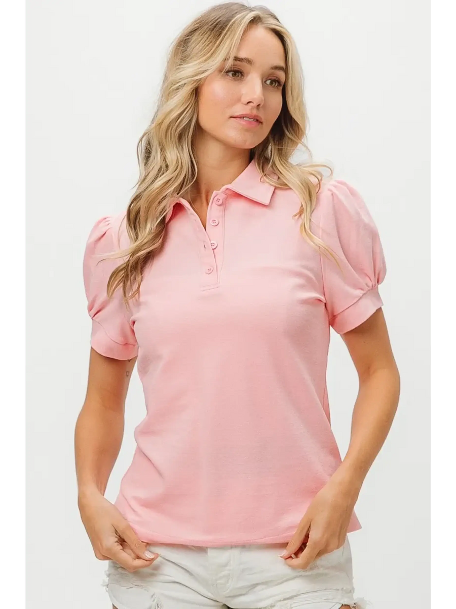 Pink puff sleeve shirt for women by Trendsi with collar and button detail, styled with white shorts