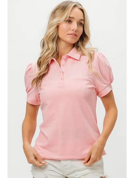Pink puff sleeve shirt for women by Trendsi with collar and button detail, styled with white shorts
