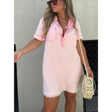 Babe Beachwear short sleeve tunic midi dress plus size in light pink worn with sunglasses and straw bag