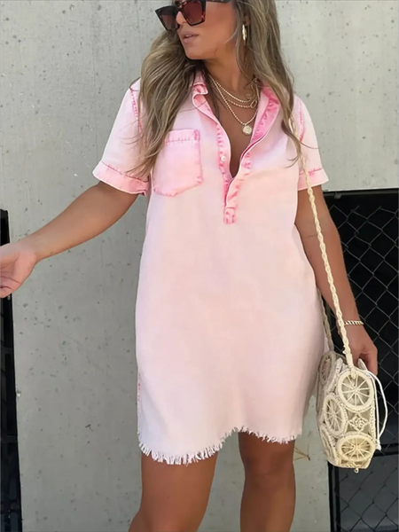 Babe Beachwear short sleeve tunic midi dress plus size in light pink worn with sunglasses and straw bag