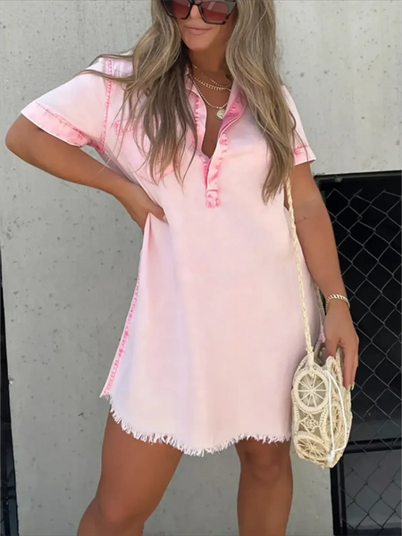 Babe Beachwear short sleeve tunic midi dress plus size in soft pink with button front and fringe hem
