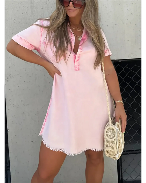 Babe Beachwear short sleeve tunic midi dress plus size in soft pink with button front and fringe hem