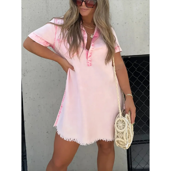 Babe Beachwear short sleeve tunic midi dress plus size in soft pink with button front and fringe hem