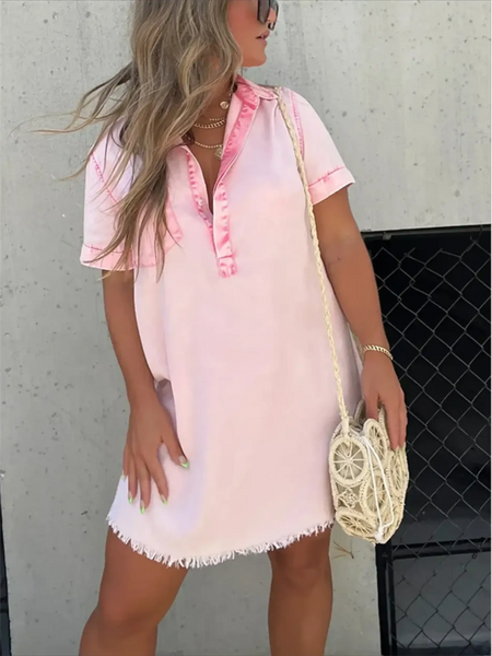 Babe Beachwaer short sleeve tunic midi dress plus size in light pink with frayed hem styled with a woven bag