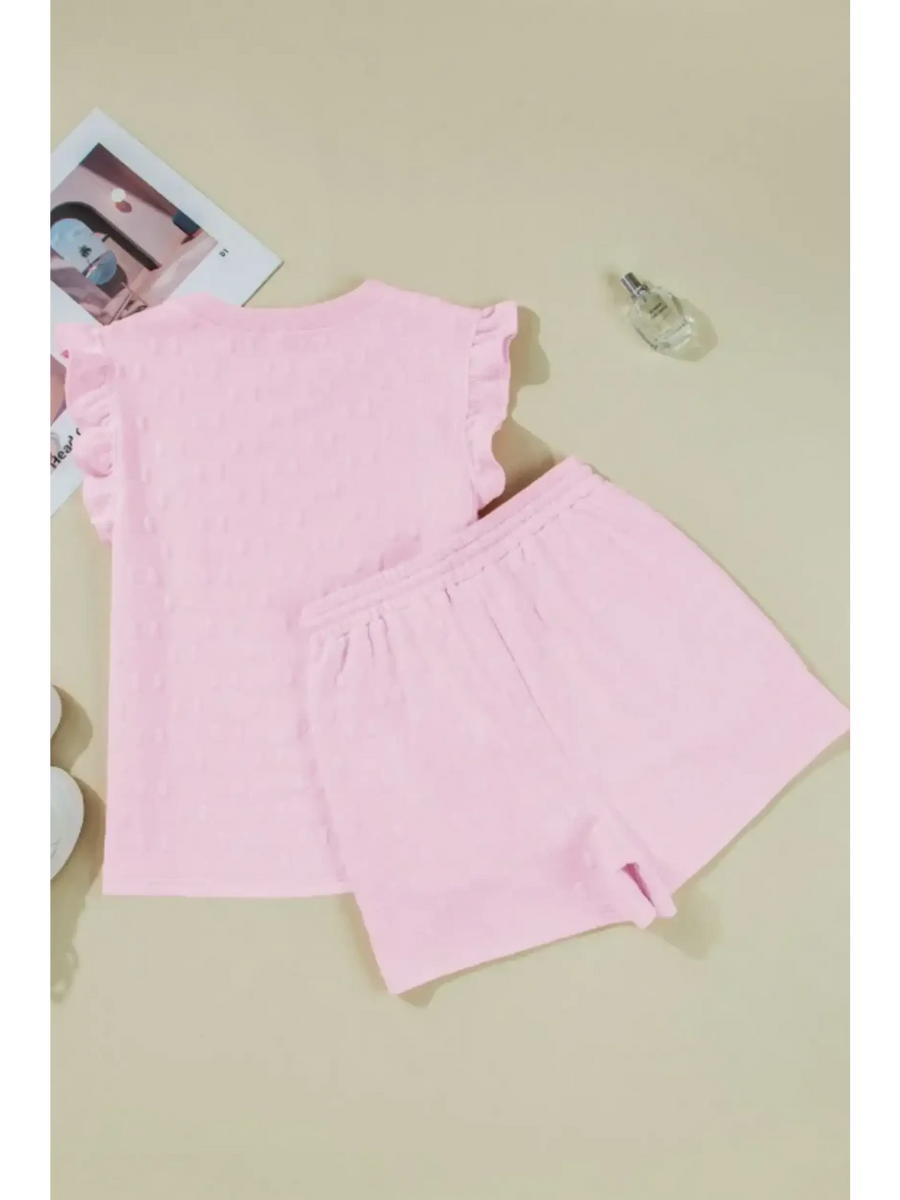 Trendsi pink summer short set for women with ruffled sleeve top and elastic waist shorts