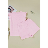 Trendsi pink summer short set for women with ruffled sleeve top and elastic waist shorts