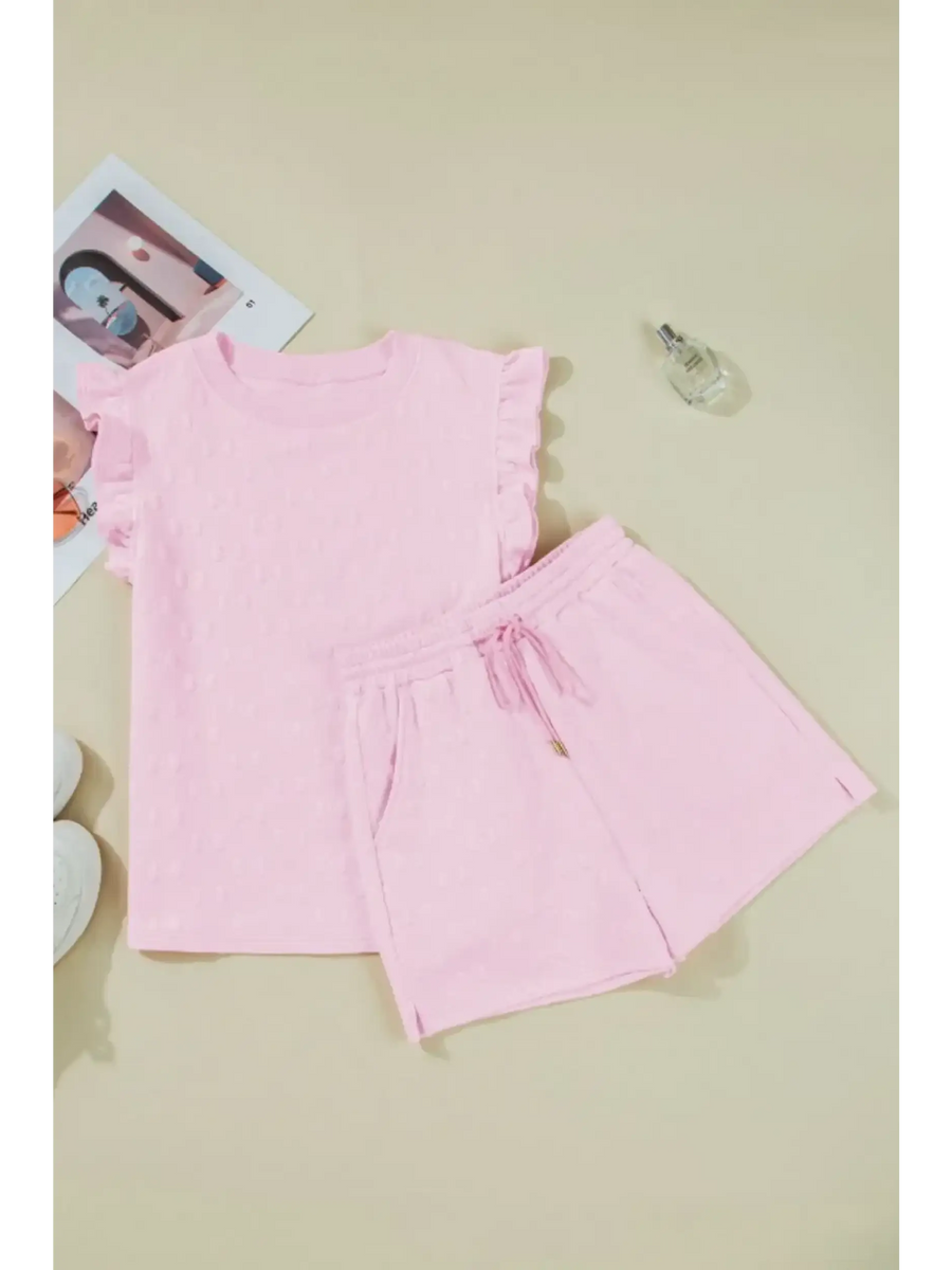 Trendsi pink summer short set for women with ruffled sleeve top and drawstring shorts