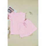 Trendsi pink summer short set for women with ruffled sleeve top and drawstring shorts