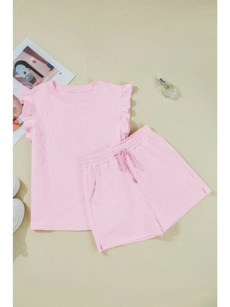 Trendsi pink summer short set for women with ruffled sleeve top and drawstring shorts