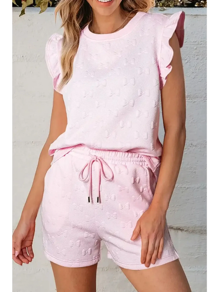 Trendsi pink summer short set for women with ruffled sleeves and textured fabric
