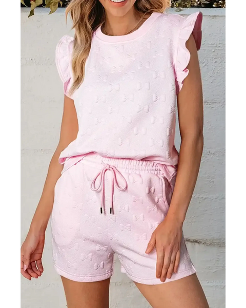 Trendsi pink summer short set for women with ruffled sleeves and textured fabric