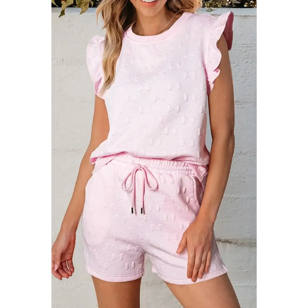 Trendsi pink summer short set for women with ruffled sleeves and textured fabric
