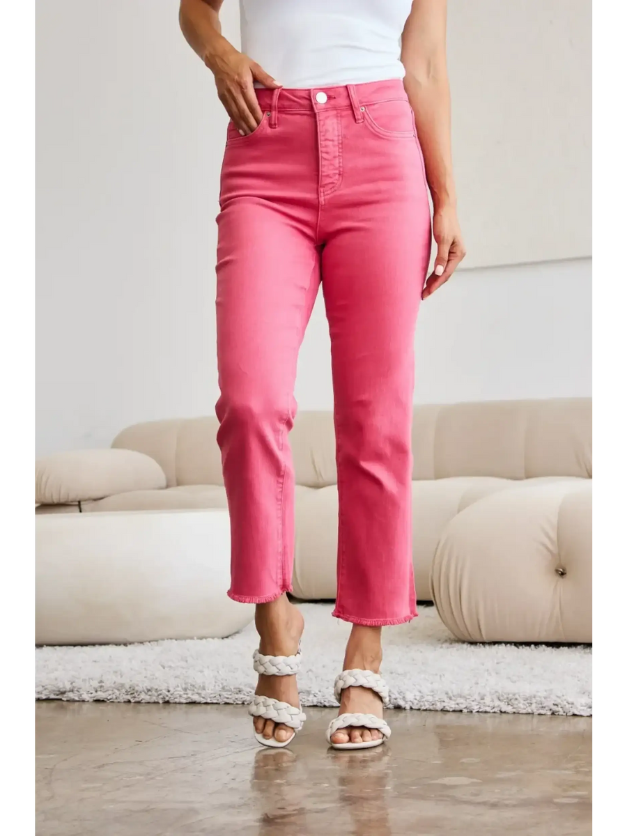 Trendsi pink tummy control high waist jeans worn by model with white sandals and tank top