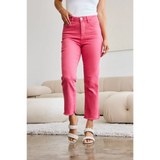 Trendsi pink tummy control high waist jeans worn by model with white sandals and tank top