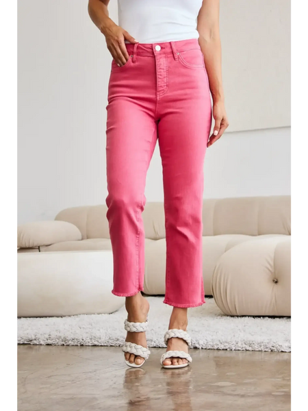 Trendsi pink tummy control high waist jeans worn by model with white sandals and tank top