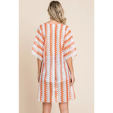 Back view of Babe Beachwear pink white strip mesh coverup with zigzag pattern and loose sleeves