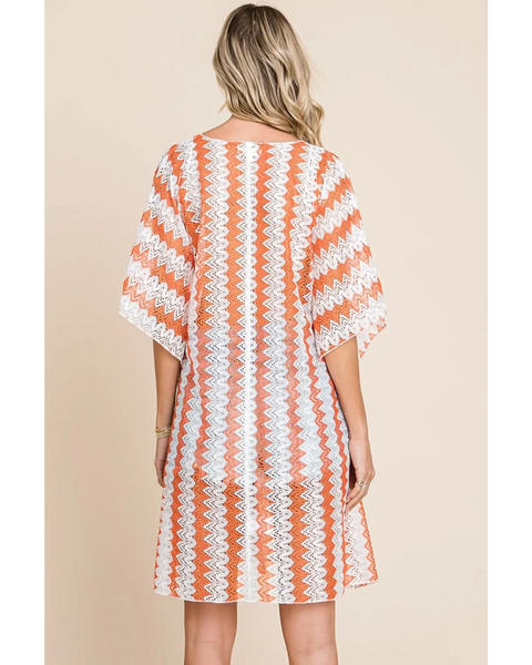 Back view of Babe Beachwear pink white strip mesh coverup with zigzag pattern and loose sleeves