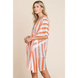 Babe Beachwear pink white strip mesh coverup worn by a woman with zigzag pattern and mid-length sleeves