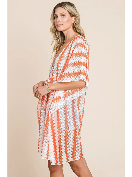 Babe Beachwear pink white strip mesh coverup worn by a woman with zigzag pattern and mid-length sleeves