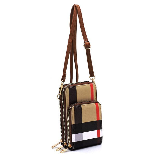 Babe Beachwear plaid crossbody bag for women with brown adjustable strap and multiple zippered compartments