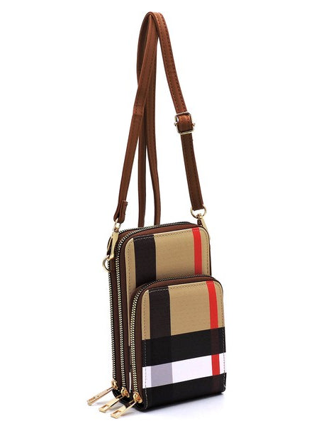 Babe Beachwear plaid crossbody bag for women with brown adjustable strap and multiple zippered compartments