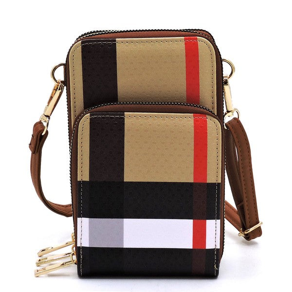 Babe Beachwaer plaid crossbody bag for women with adjustable brown strap and multiple zipper compartments