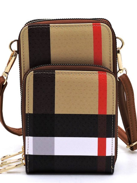 Babe Beachwaer plaid crossbody bag for women with adjustable brown strap and multiple zipper compartments